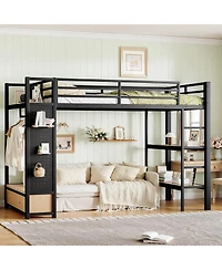 Streamdale Furniture Metal Loft Bed with Wardrobe, Storage Shelves, and Pegboard