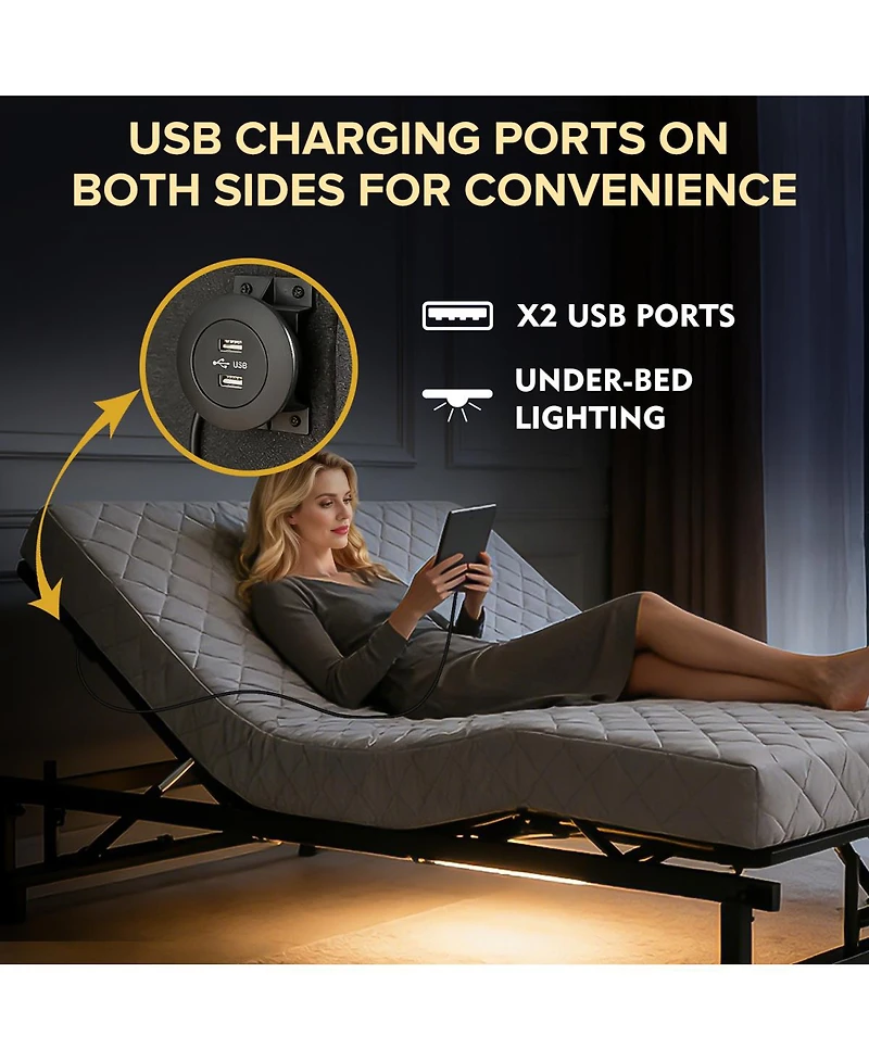 Streamdale Furniture Bed Base with Wireless Remote, Usb Ports and Zero Gravity