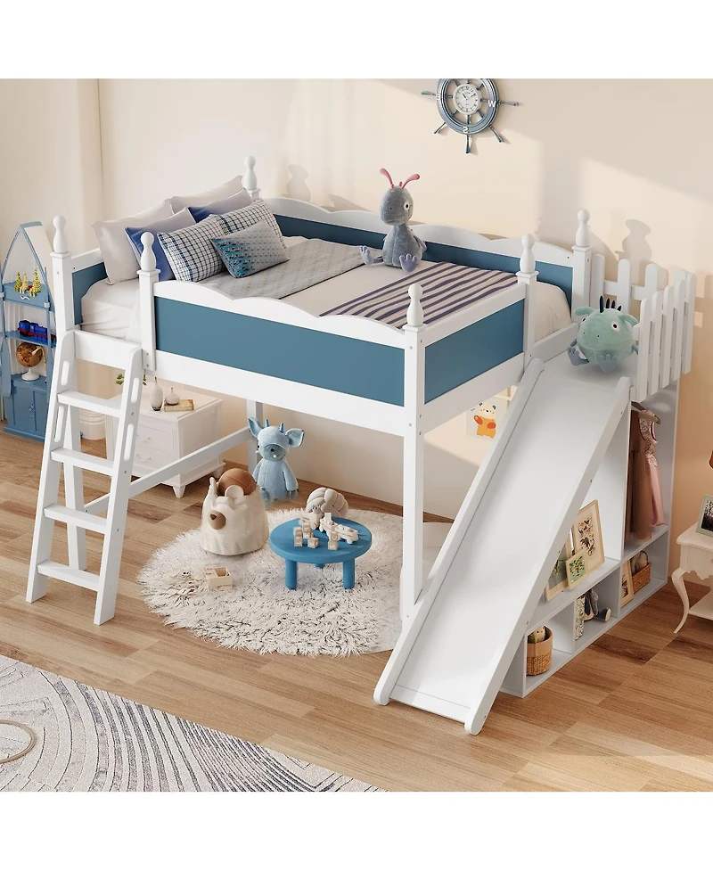 Streamdale Furniture Full Loft Bed with Storage, Wardrobe, and Slide, Solid Wood