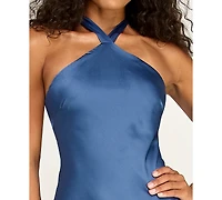 Alex & Sophia Juniors' Satin Halter Neck Gown