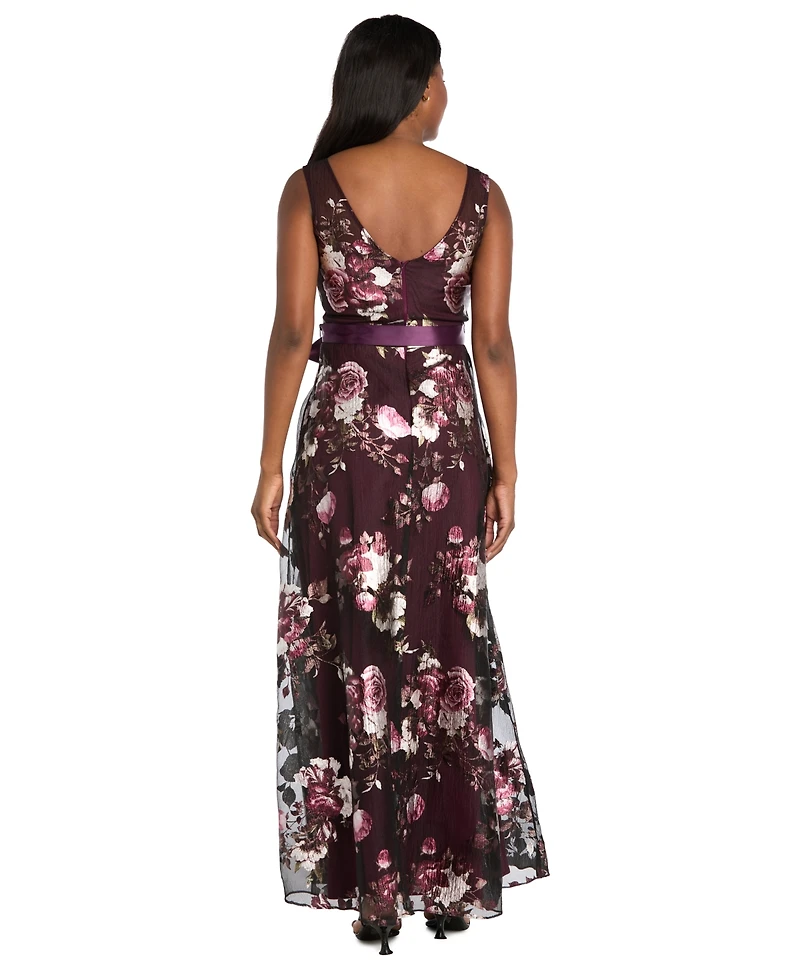 R & M Richards Women's Printed Foil Floral Boat Neck Gown