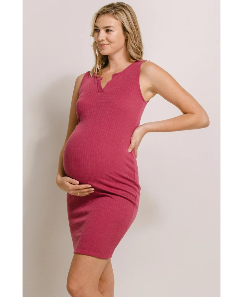 Hello Miz Maternity Sleeveless Ribbed Bodycon Mini Dress with Split Neck
