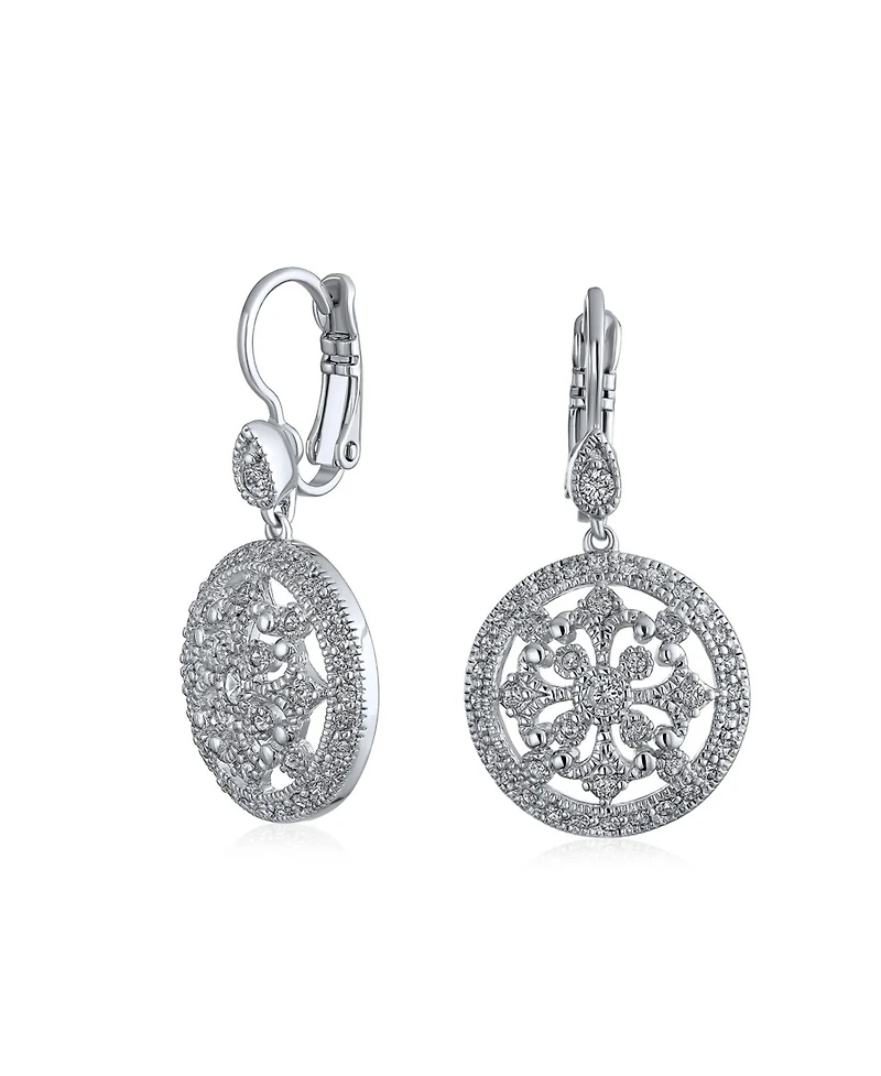 Bling Jewelry Vintage Style Bridal Round Medallion Cubic Zirconia Cz Dangle Statement Earrings Silver Plated