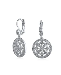 Bling Jewelry Vintage Style Bridal Round Medallion Cubic Zirconia Cz Dangle Statement Earrings Silver Plated