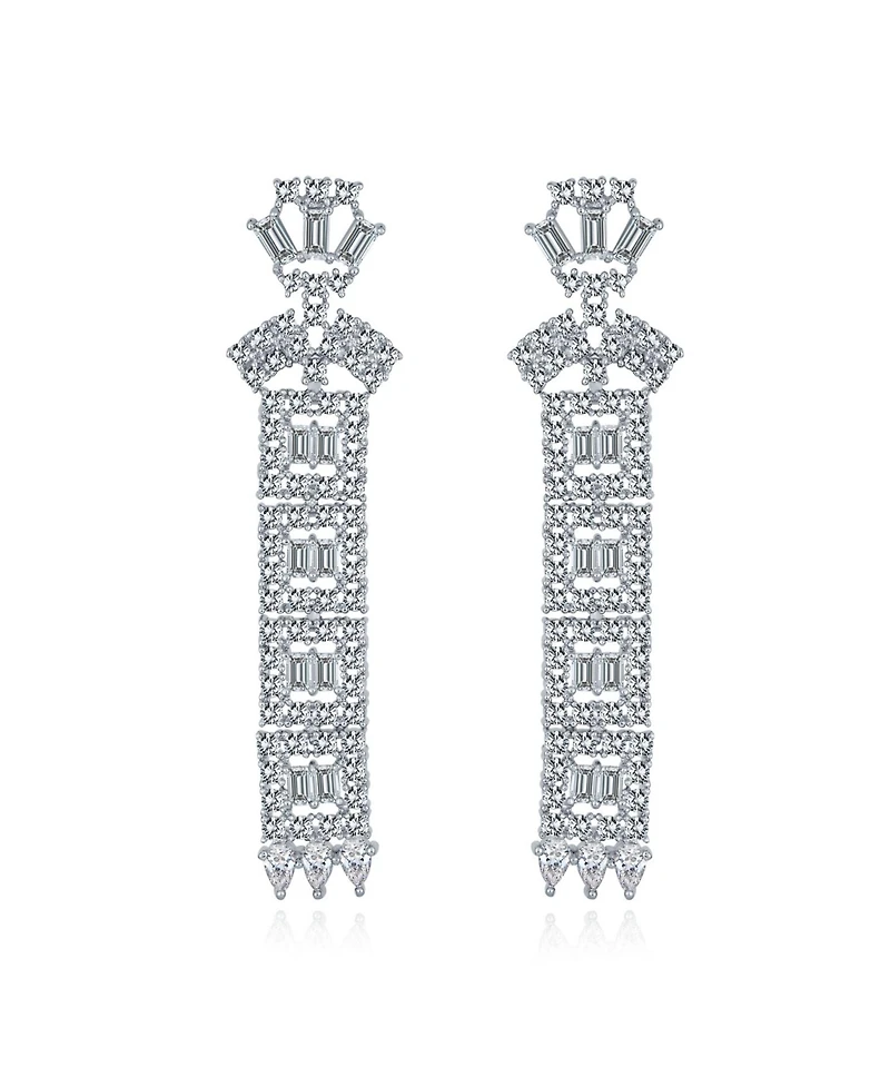 Bling Jewelry Elegant Bridal Cubic Zirconia Cz Linear Art Deco Statement Asian Motif Column Chandelier Earrings