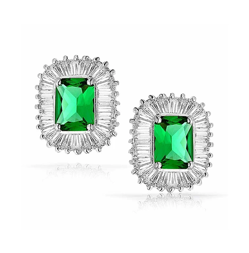 Bling Jewelry Art Deco Style Cocktail Cubic Zirconia Cz Baguette Halo Emerald Green Cut Statement Stud Earrings