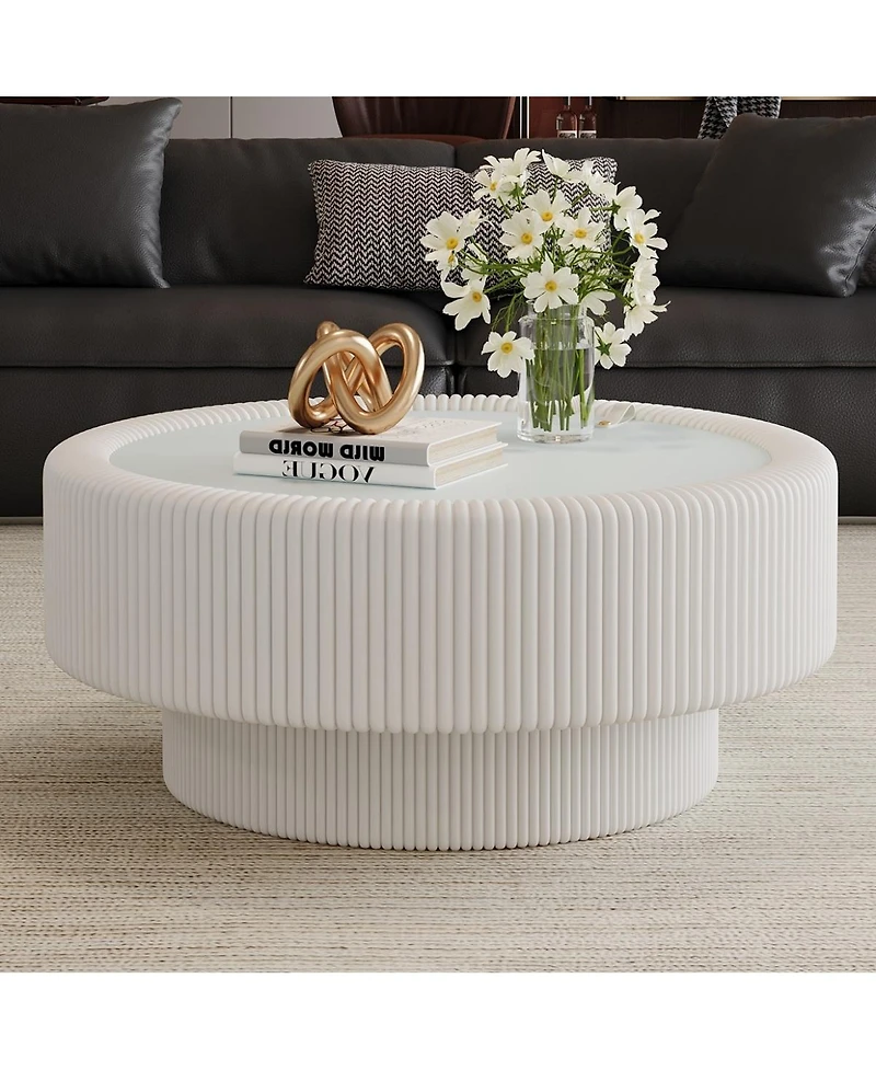 Streamdale Furniture 31.5" Fluted Round Leather and Glass Coffee Table with Hidden Storage