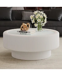 Streamdale Furniture 31.5" Fluted Round Leather and Glass Coffee Table with Hidden Storage