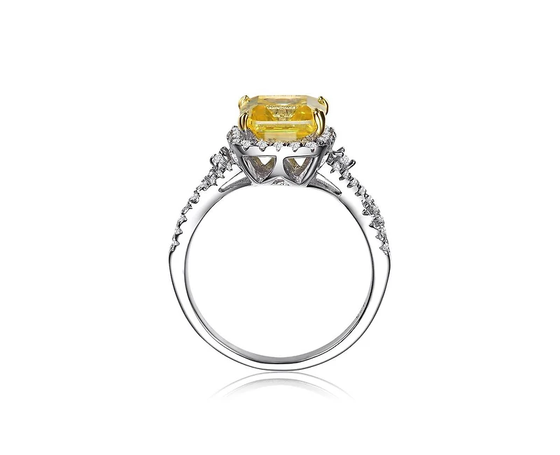 Sterling Silver White Gold Plated Yellow Cushion Cubic Zirconia with Clear Round Zirconias Accent Twisted Ring