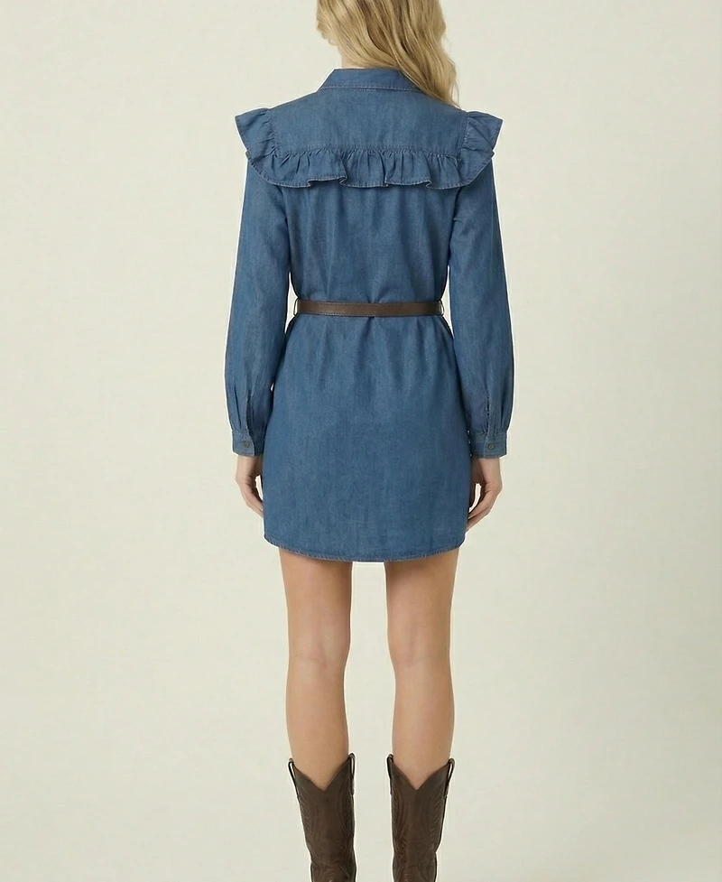 Modenaire Women's Ruffled-Collar Belted Shirt Dress