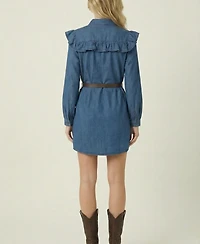 Modenaire Women's Ruffled-Collar Belted Shirt Dress