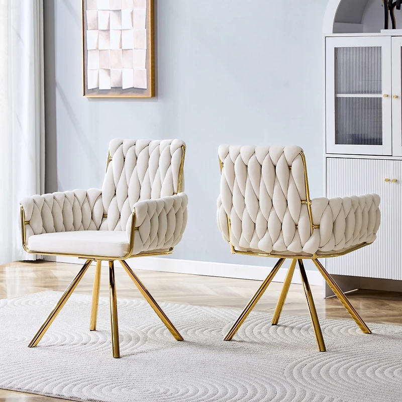 Streamdale Furniture Set of 2 Modern Velvet Braided Dining Chairs with Gold Metal Legs