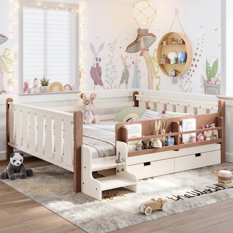 Streamdale Furniture Floor Bed with Storage Bookcases, Drawers, and Stairs