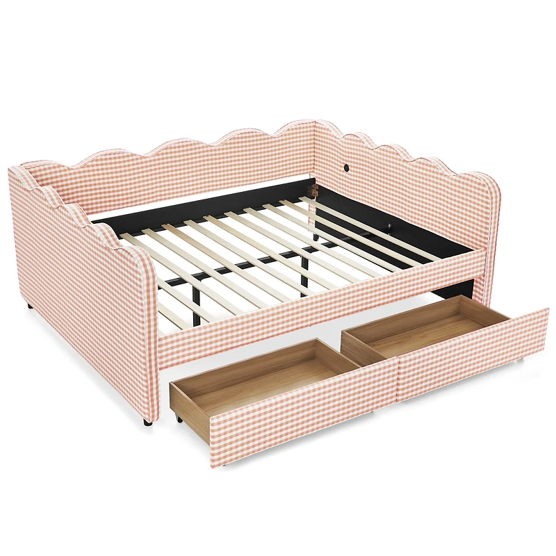 Streamdale Furniture Gingham Daybed with Storage Drawers, Usb Port and Wave Headboard