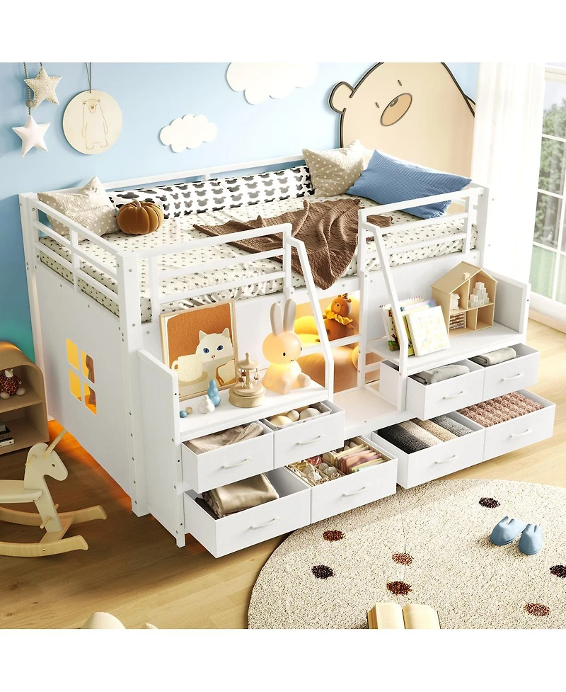 Streamdale Furniture Low Loft Bed with Multi-Storage, Shelves, and Fabric Drawers