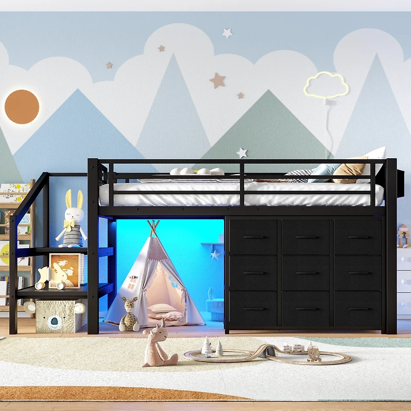 Streamdale Furniture Low Loft Bed with Storage Stairs, Fabric Drawers, and Shelves