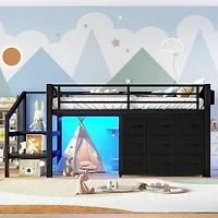 Streamdale Furniture Low Loft Bed with Storage Stairs, Fabric Drawers, and Shelves