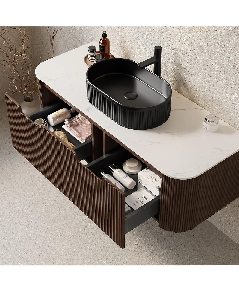 Sillysis Wall Mounted Bathroom Vanity with Sintered Stone Top, Oval Sink, Stripe Drawer, Pre-assembled