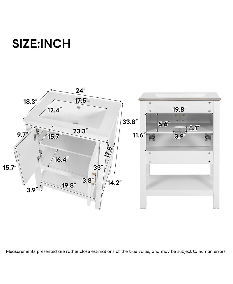 Sillysis 24 Inch Bathroom Vanity with Sink, Modern Solid Wood Mdf Cabinet, Adjustable Shelf and Soft Close Doors, Space Saving Design
