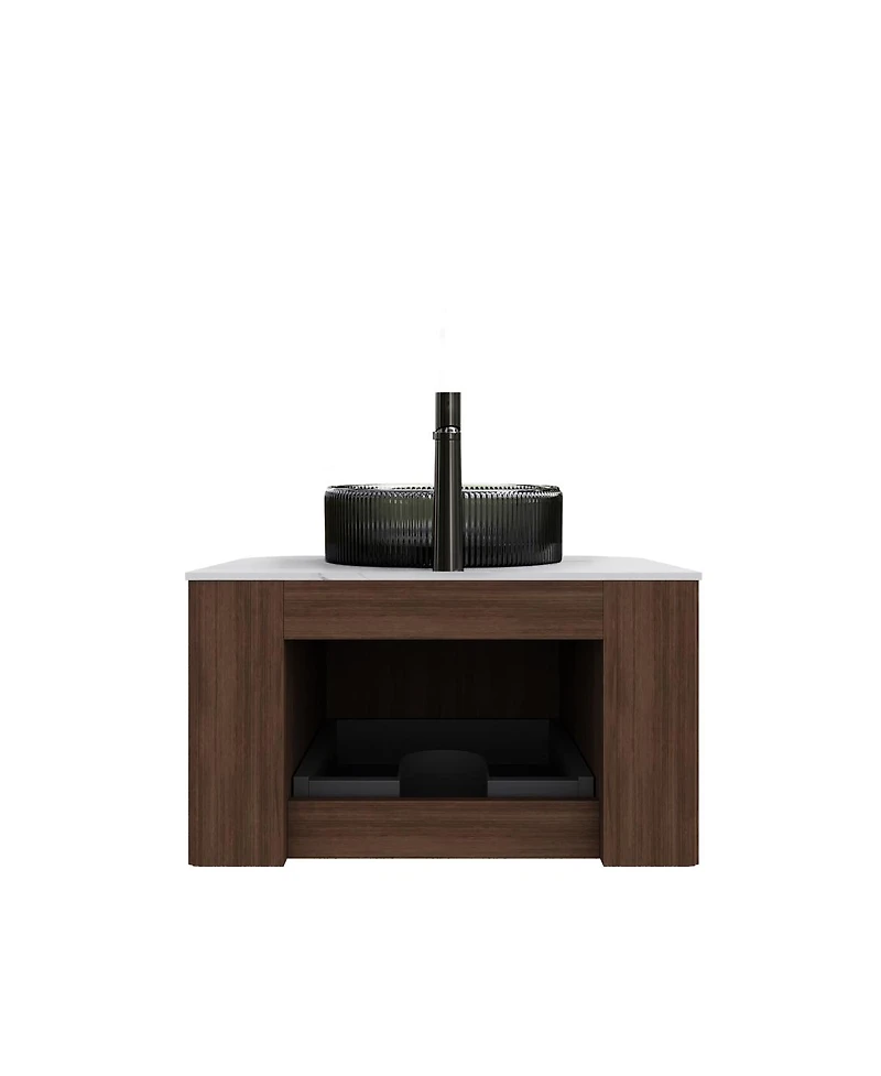 Sillysis Wall Mounted Bathroom Vanity with Crystal Glass Vessel Sink, Wood Grain Cabinet