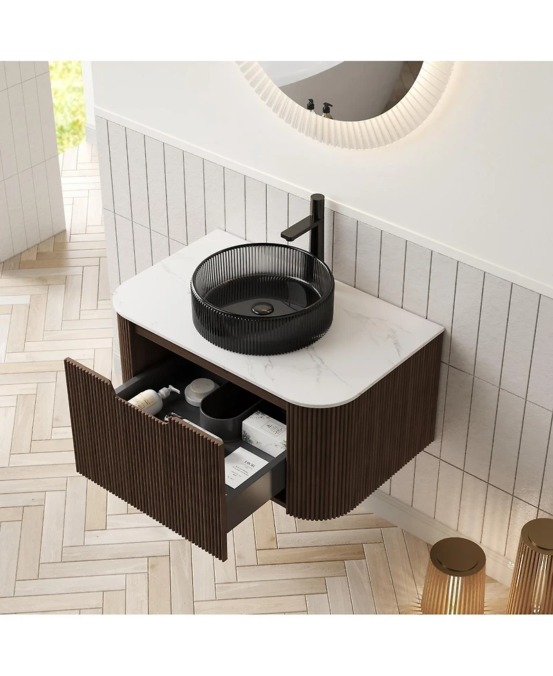 Sillysis Wall Mounted Bathroom Vanity with Crystal Glass Vessel Sink, Wood Grain Cabinet