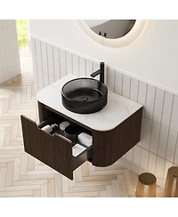 Sillysis Wall Mounted Bathroom Vanity with Crystal Glass Vessel Sink, Wood Grain Cabinet