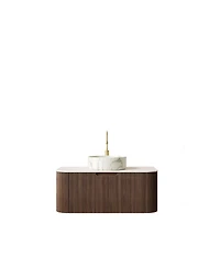 Sillysis Wall Mounted Bathroom Vanity with Sintered Stone Top, Round Ceramic Basin, Stripe Drawer