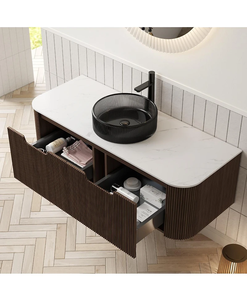 Sillysis Wall Mounted Bathroom Vanity with Crystal Glass Vessel Sink, Wood Grain Cabinet, Pre-assembled