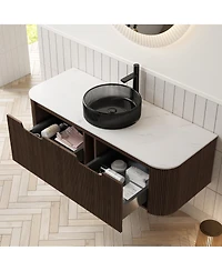 Sillysis Wall Mounted Bathroom Vanity with Crystal Glass Vessel Sink, Wood Grain Cabinet, Pre-assembled