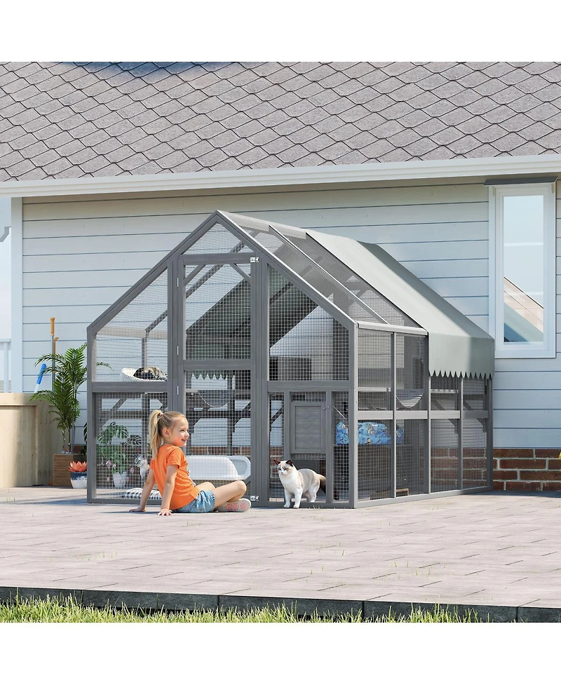 Streamdale Furniture Large Wooden Outdoor Cat Enclosure with 7 Platforms, 2 Boxes, and 2 Bridges