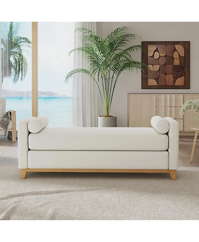Streamdale Furniture 66.34" Sherpa Fleece Upholstered Bench with Wood Legs and 2 Bolster Pillows