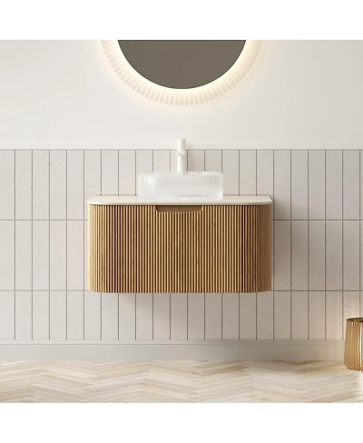 Sillysis Wall Mounted Bathroom Vanity with Crystal Glass Round Sink, Wood Grain Cabinet, Sintered Stone Top