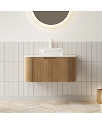 Sillysis Wall Mounted Bathroom Vanity with Crystal Glass Round Sink, Wood Grain Cabinet, Sintered Stone Top