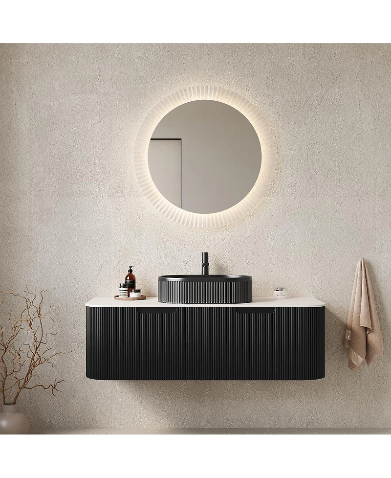 Sillysis Wall Mounted Bathroom Vanity with Sintered Stone Top, Oval Ceramic Sink, Striped Drawer Panel