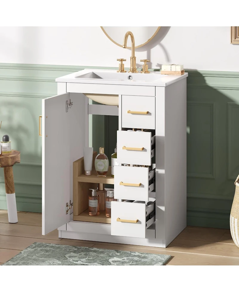 Sillysis 24 Inch Modern Bathroom Vanity with Sink, Solid Wood Mdf Cabinet 3 Soft Close Drawers, Space-Saving Storage