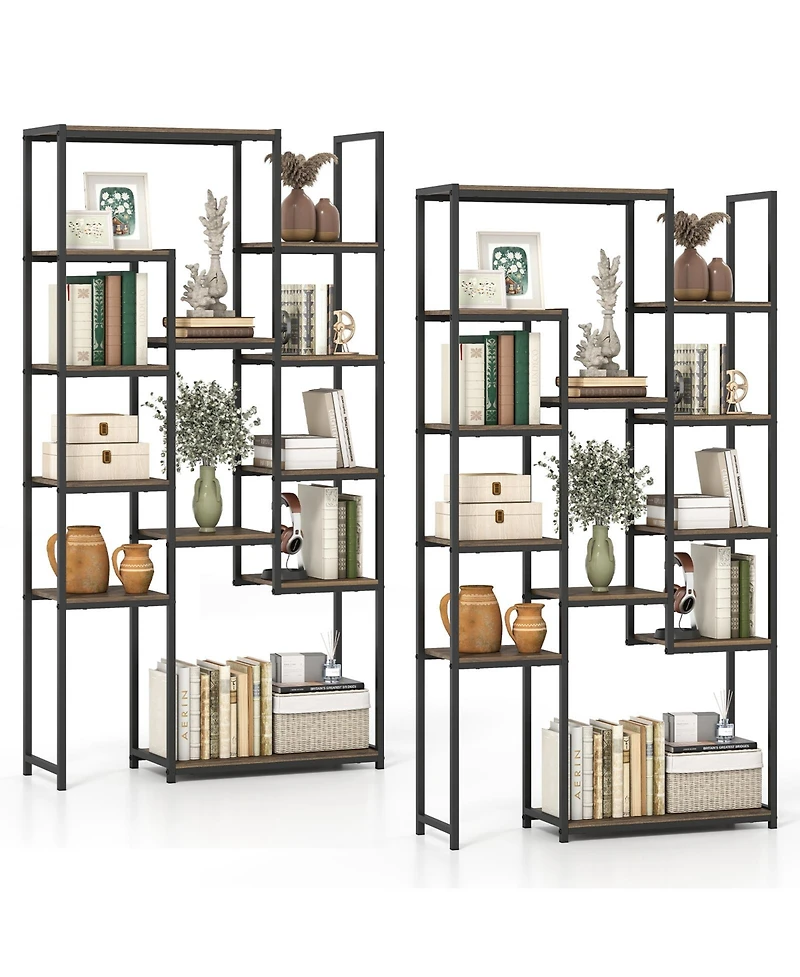 Gymax 2 Piece Tall Bookshelf with 12 Open Shelves Anti-tip Kit for Living Room Home Office