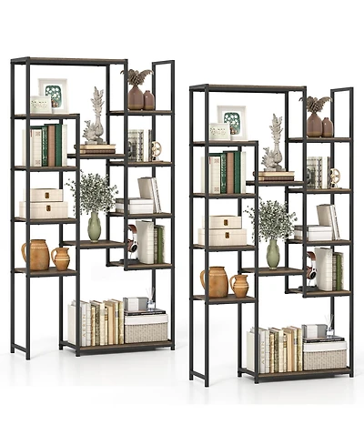 Gymax 2 Piece Tall Bookshelf with 12 Open Shelves Anti-tip Kit for Living Room Home Office