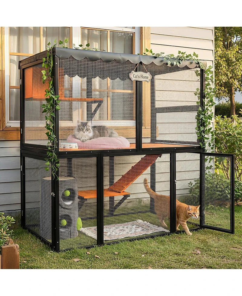 Streamdale Furniture Wooden Outdoor Catio Enclosure with Waterproof Cover and 4-Tier Ramp