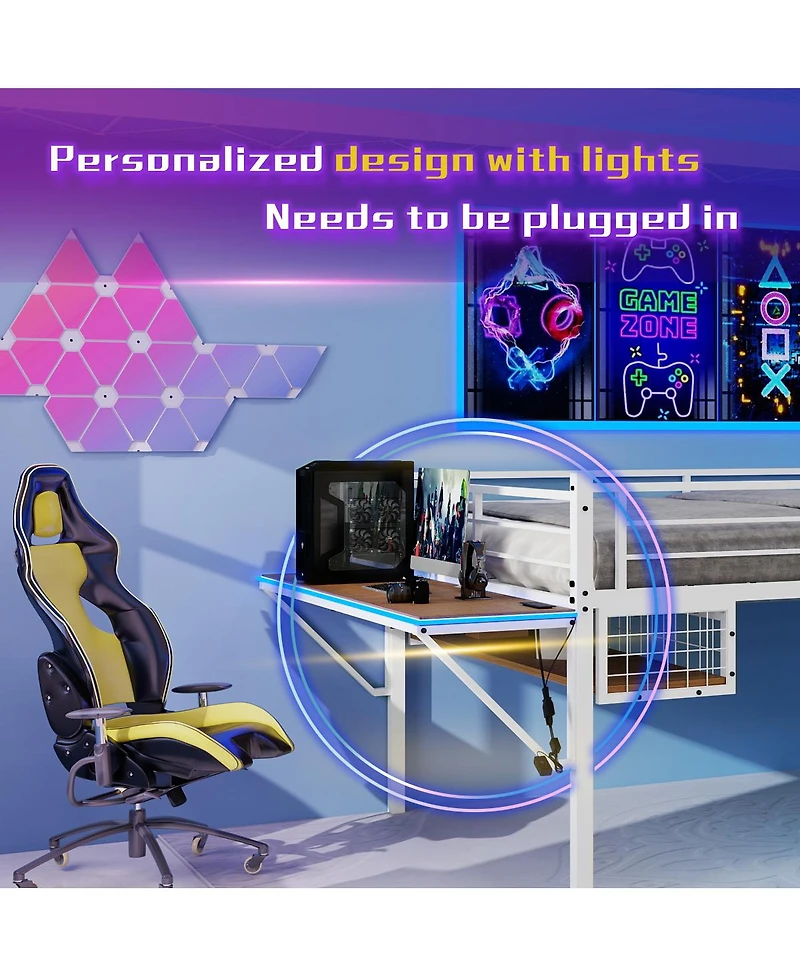 Streamdale Furniture Metal Loft Bed with Desk, Led Lights, and Storage