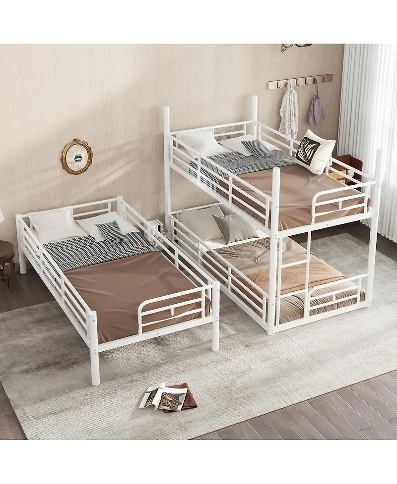 Streamdale Furniture Triple Twin Metal Bunk Bed with Safety Guardrails