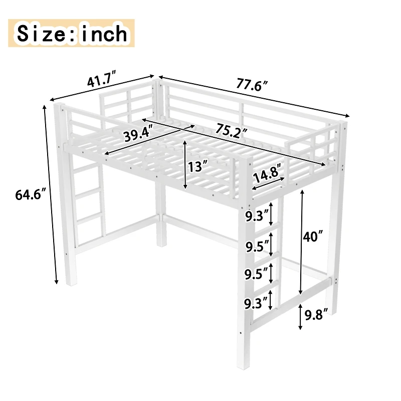 Streamdale Furniture Metal Loft Bed with Ladder and Guardrails