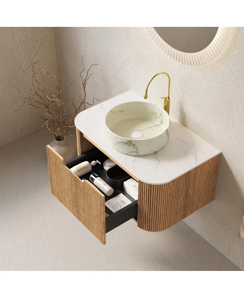 Sillysis Wall Mounted Bathroom Vanity with Sintered Stone Top, Round Ceramic Basin, Soft Close Drawer, Pre-assembled