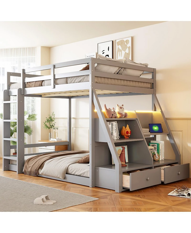 Streamdale Furniture Full Bunk Bed with Led Lights, Usb Ports, Storage Shelves and 2 Drawers