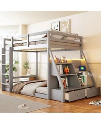 Streamdale Furniture Full Bunk Bed with Led Lights, Usb Ports, Storage Shelves and 2 Drawers