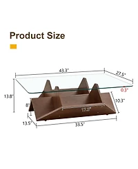 Rainsken 43.5" Glass Coffee Table with Tempered Top and Wood Base, Multi-Storage Open Compartments for Living Room Office