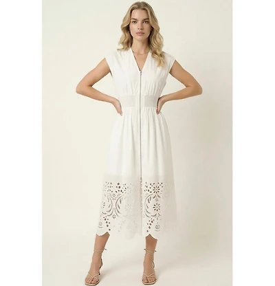 Modenaire Women's Cap-Sleeve Smocked-Waist Eyelet-Hem Dress