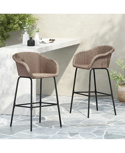 Streamdale Furniture Ladd Outdoor Metal Wicker Barstool, Light Faux Wicker, Set of 2