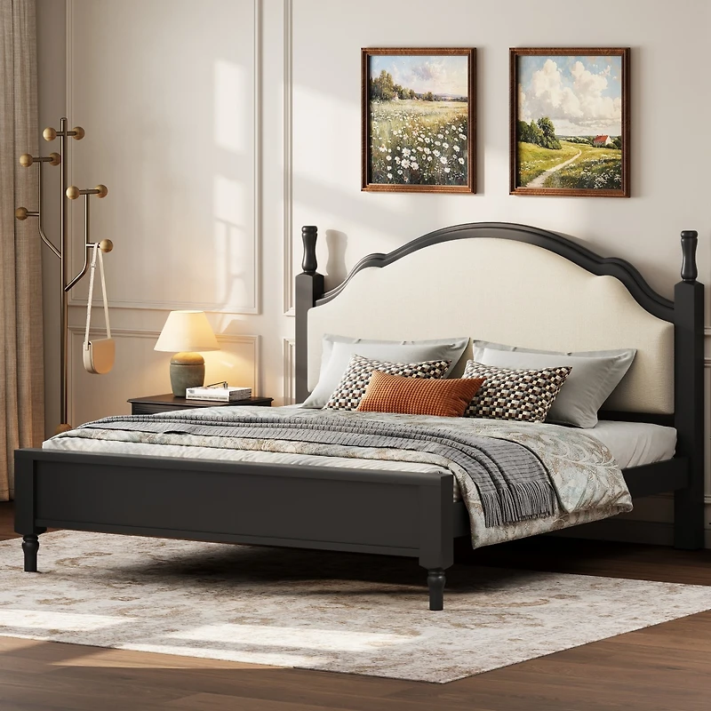 Streamdale Furniture King Size Wood Platform Bed with Upholstered Headboard, Frame plus Fabric