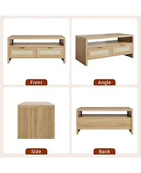 gaomon Boho Rattan Coffee Table - Modern Rectangular Oak Center Table - Wide, 2 Drawers, Open Shelf, Metal Handles - Living Room, Apartment