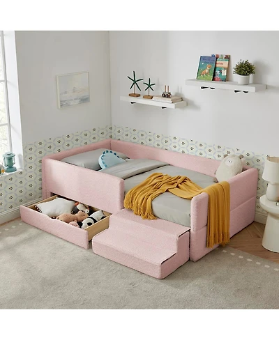 Streamdale Furniture Twin Size Multi-Functional Kids Bed with Guardrails, Storage, and Safety Step